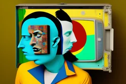 man with head inside a old tv in the style of Eileen Agar