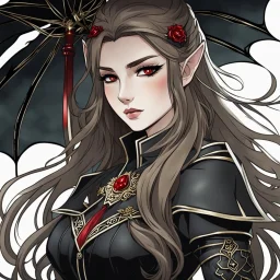 Icon or avatar. An arrogant looking young woman with pale skin and long brown hair in a stormy dark fantasy setting with intricate details. She is smirking, wearing black and read leather, has red eyes, an air of malevolent power surrounds her. Anime style. High definition.