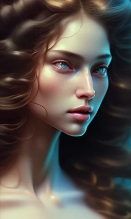 porno model , cute, beautiful, long hair, wavy hair, curly hair، black eyes, head and shoulders portrait, cinematic, 8k, resolution concept art portrait by Greg Rutkowski, Artgerm, WLOP, Alphonse Mucha dynamic lighting hyperdetailed intricately detailed