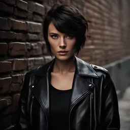 cute woman with dark short hair with light streaks, gray eyes, facial skin with very noticeable unevenness and pores, facial skin like a leather jacket, wearing a black jacket, standing by an old brick wall on the street during the day, abstract neorealism, cinematic, film light, hyper-detailed , hyper-realistic, masterpiece, atmospheric, high resolution, 8k, HDR, FUJIFILM, photo, bokeh