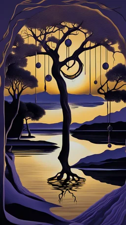 A photo realistic lake, at sunset, surrounded by trees. In the foreground there are clocks melting and draping over the tree branches, Salvador Dali 'Persistence of Memory', surrealism, past, present, future, conceptual art, golden, deep purple, navy, no people. Sophisticated colour pattern.