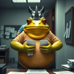 in front the camera be seen up to the waist a fat yellow-green color angry anthropomorphic frog in simple human cloths and take his hands many paper in office, on the wall hang an wall board with some written sheets of paper, behind in background standing an anthropomorphic strong gray rhinoceros in blue jeans t-shirt behind in halb open door , dark colors, detailed 3d, sci-fi, fantasy mood