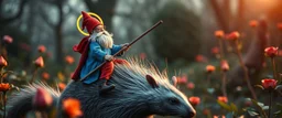 depth of field, halo, close up on blue and red clothed gnome riding opossum squirrel with lance in garden of eden in the style of Escher and Giger