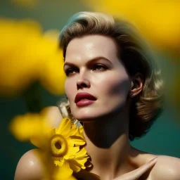 eva herzigova underwater with yellow flowers for hair, closed eyes, rtx, reflection, 8k, glow, winning photography, caustics