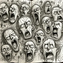 sketch line, rought, of faces on a pages, screaming and sad, demented, mad, journal
