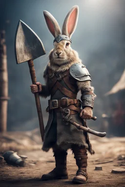 portrait of fast historic strong viking rabbit with horned viking helmet & boots holding war axe in fallout 4 setting, bokeh, downlight, prize winning, depth of field, in the style of ivo caprino