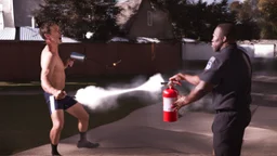 2 men in boxers spraying fire extinguisher at each other