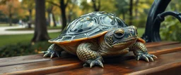 master oil painting by Rembrandt, close up portrait of transparent translucent dragon turtle sleeping on a bench in the park
