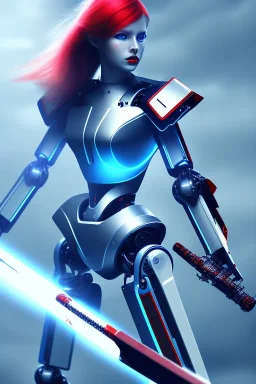 2 robot, red eyes, blue hair, light sword