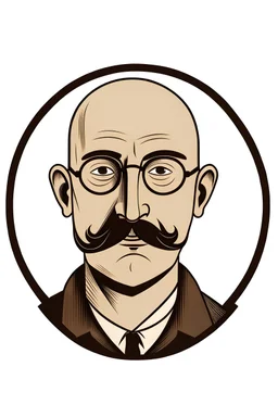 using the description of this gentleman, create a logo for a website, called Patrick Nerds Out: The man in the picture appears to be in his mid-thirties to early forties. He is bald, with a well-groomed 5 o'clock shadow and mustache, both of which are brown with hints of lighter tones, possibly blonde or gray. His skin is fair, and he's wearing rectangular-framed glasses. He has a broad smile and his eyes are gently creased in a way that suggests he smiles often. He's wearing a collared, bu