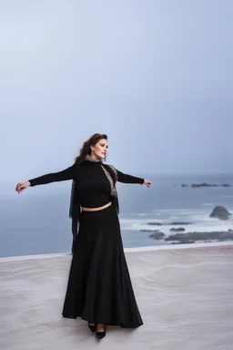 full body of very beautiful lady midi skirt and blouse , curvy hair with small cap and lace scarf ,standing idle happy pose in studio pretty makeup