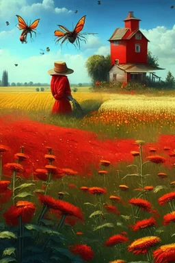 field, farm, scarecrow, plants, red flowers, grass, sky, bees, honey, bee houses, trees, fountain, flowers