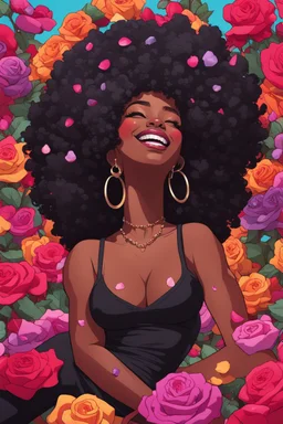 A sassy pop punk art cartoon of a black female lounging lazily on her side, surrounded by colorful roses flower petals. Looking up coyly, she grins widely, showing teeth. Highly detailed black afro , regal expression.