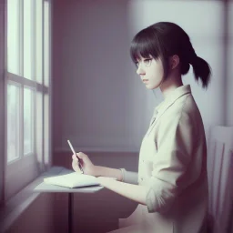 female student studying by the window, anime style,perfect face, cool face, ultra detail, unreal engine 5, cinema4d, sun light, studio lighting --ar 1:1 --v 4