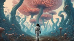 woman with black hair, in a tight spacesuit, without a helmet, walking through Alien mushrooms with jellyfish tentacles in an alien forest, photorealistic, Deep Colour, Intricate Detail, sunshine, blue sky