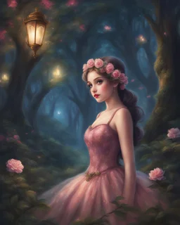 Painting of a beautiful girl, beautiful, haunted forest, flowers on her head, glitter dress, young girl, digital painting, fantasy art, pretty face, inspired by Thomas Kinkade, anime portrait, barbie face, big eyes, bright eyes, dream, trees, forest background, dark night, song, glitters background, fantasy, high quality, 8k