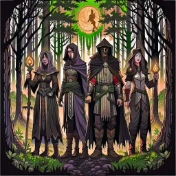 A group of four characters from a fictional book world. A witch, a gladiator, a thief, and an enchanter. The characters are in a dark forest. The characters are shrouded in mystery.