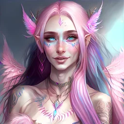 Elf woman, pink long hair, sharp ears, elf, blue eyes, chest tattoo, clear dress, smile, pale skin, dark eyes, feathers in the strands of hair