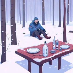 a sad depressed Finnish man with his empty plate, outside his house in the forest, Winter, snow, very cold, Finnish flag at half way up, Finnish flag, a bottle of Vodka in his hand, knifes and sauna, Simon Stålenhag style, empty vodka bottles on ground