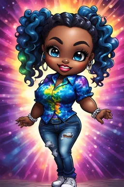 vibrant psychedelic comic book image, airbrush, 48k, cartoon art of a chibi curvy black female wearing torn jeans pants and a sapphire tie dye off the shoulder blouse. Prominent make up with lush lashes. Highly detailed sleek wavy ponytail