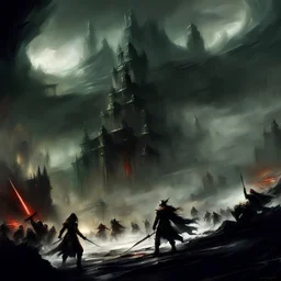 Dark fantasy world, battle, mist, battlefield, dark colors, Raymond Swanland & Anna Razumovskaya