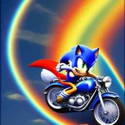 Sonic the hedgehog riding a motorcycle across a rainbow