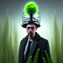 portrait of mad scientist in coat, metal mad hat ,cell towers overgrown with plants, autmn, mist,sparks flying, spotlights, spray paint art, book illustration, 4k, high detail