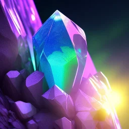 photograph of a (one massive colorful crystal:1.2) growing out of the rocky mountain, (focus on crystal:1.2), 4k, 8k, (highly detailed), ((landscape)),(translucent crystal:1.1), light going trough the crystal, bokeh, chromatic aberration, mountain view,