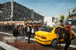 fat man model in a street in a taxi oil painting