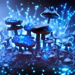 Frost metal magic armoured Mycelium MUSHROOMS stars galaxy SPACE lANDSCAPE BURNING IN BLUE FLAMES hellfire abyss math chaos