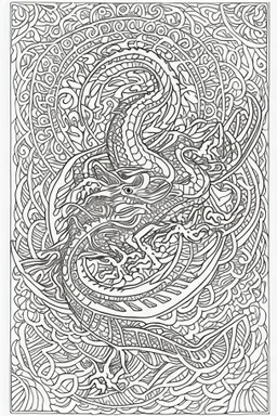 coloring book page of a flying dragon, mandalas