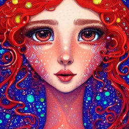 Cintia Dicker, her striking perfectly detailed clear eyes, her perfect, precisely detailed lightly freckled face, meticulously detailed long curly multi-hued ginger carrot-colored cherry red fiery hair, luminous colorful sparkles; by james r. eads, gawki, rajewel, tania rivilis, dan mumford, lisa frank, artgerm, greg rutkowski, alphonse mucha and william-adolphe bouguereau; glitter, airbrush, octane render, volumetric lighting, photorealistic digital painting, smooth, sharp focus