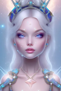 cosmic girl belle fine, peau blanche cristalline, yeux bleu, perle sur le front long cheveux etoilé cristaux sur le corps, collier de grande princesse, levres souriante, jolie sourire