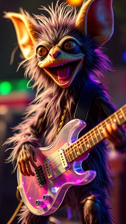 a psychedelic fuzzy muppet show gekko gremlin rock star with transparent guitar in the style of Fallout 4 and Giger, bokeh like f/0.8, tilt-shift lens 8k, high detail, smooth render, down-light, unreal engine, prize winning