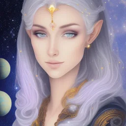 cosmic mage, elf, female, cosmic magic, long ears, white hair, face details, pale skin, jewellery, broad shoulders, sharp ears, cosmic clothes, cosmic eyes, ears shown, the cosmos in eyes, shining eyes, thin face, detailed ears, magical eyes, closed mouth, make up, smiling face, happy face, pointy ears