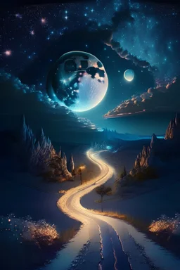 A beautiful 3D fantasy night landscape with an enchanted glittering moon and a widespread road that leads to a magical horizon