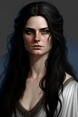 realistic portrait of a woman who looks like a greek goddess; she became mean after a stroke of faith, she is beautiful and has long dark hair