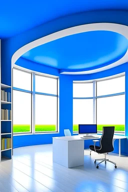 The office desks room is hung on the walls in an oval shape, the color of the walls is blue, the floor is white, and the shape of the offices is curved