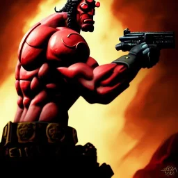 ultra detailed fullbody portrait of Hellboy aiming with pistol , extremely detailed digital painting, intrincate, extremely detailed face,crystal clear Big eyes, in the style of Ashley Wood, mystical colors , perfectly centered image, perfect composition, rim light, beautiful lighting,8k, stunning scene, raytracing