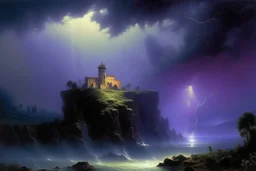 A violet castle in a thunderstorm near an acid pool painted by Ivan Aivazovsky