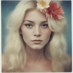 1970s Polaroid head shot of a stunning young platinum straight haired woman,with freckles on her face, hair adorned with big flowers, red cheeks and nose