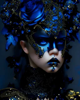 Beautiful vantawhite young faced girl adorned with glittering black colour bioluminescense blue gradient and black roses full bloomed rose blosooms voidcore shamanism headdress wearing metallic voidcore filigree black glittering botanical embossed costume armour bioluminescence blue gold and black wearing baroque style organic bio spinal ribbed detail of voudore decadent vantablack rainy gothica background extremely detailed hyperrealistic maximálist concept portrait art
