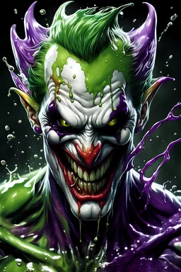 joker, green goblin, venom hybrid monster disgusting detail dripping fluids and evil intent in eyes