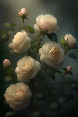 A bush of delicate tea roses of dark cream color, the plant is ultra-detailed, rain, beautiful landscape, fog, many details, delicate sensuality, realistic, high quality, 3d, hyperdetalization, filigree, hazy haze, hyperrealism, professional, transparent, delicate pastel tones, back illumination, contrast, fantastic, unreal, translucent, glowing, clear lines, epic fabulous, fabulous landscape, hyperrealism