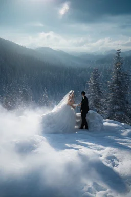 A majestic scene of angelic figures dancing gracefully in a heavenly landscape of snow and billowing clouds,in wedding of Edem and Hava