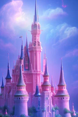 luminous pink castle, sky blue, 8k, unicorns