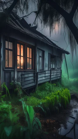 A swamp surrounded by bamboos long trees in cloudy, depressing, foggy, with a dark light at night in the distance , there is an abandoned cottage of an old house covered with leaves. A light inside the house though the window