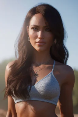 realistic, portrait and full body of a woman standing next to rocky river in country side, beautiful face with nice make up, sunlight, cinematic light, bangs, a beautiful woman, beautiful eyes, brown curved hair, perfect anatomy, very cute, princess eyes , (blue eyes) , nice sport shoes ,Centered image, stylized, life size,8k Resolution, low-cut dress with small blue details, human hands, wonder full, elegant, approaching perfection, dynamic, highly detailed, character sheet,