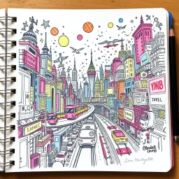 rich color pencil hand doodle sketch on a spiral binder notebook page, chaotic psychedelic city scene with monorails and flying cars, in the style of Don Hertzfeldt and Alexander Jansson, incredible busy doodle world