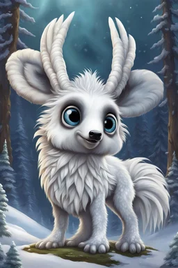 A cute looking, soft fluffy white furred, medium height mutant mammal with a snout-like long snout, big eyes, tassel ears, a chibi fantasy creature. Tundra forest , snow in the background. sharp focus, intricate details, masterpiece